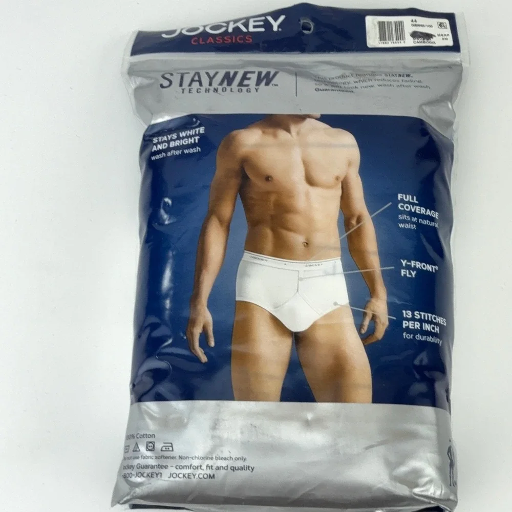 Jockey Classics Mens 4 Pack Full-Rise Briefs White 100% Cotton Size 44 Y-Front